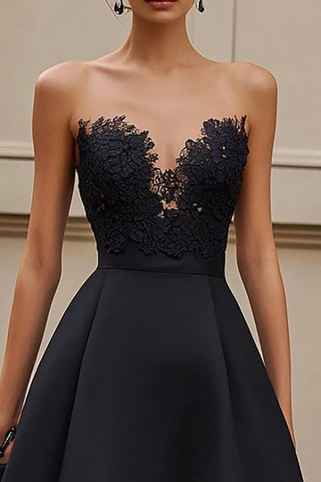 Black Strapless Ruffled Long Formal Dress with Lace